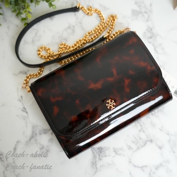 NWT Tory Burch Emerson Tortoise Patent Leather Chain Wallet 165943 - Picture 6 of 8
